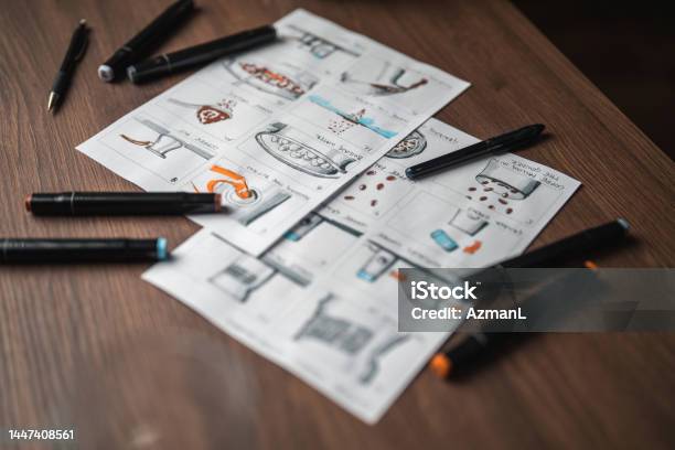 Storyboard And Colored Pencils On The Table Stock Photo - Download Image Now - Storytelling, Advertisement, Picture Book
