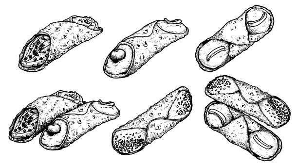 ręcznie rysowany szkic w stylu zestawu cannoli. tradycyjny włoski deser. cannoli siciliani. ilustracje wektorowe w stylu retro. najlepsze do projektowania menu i opakowań. izolowany na białym tle. - italian dessert obrazy stock illustrations