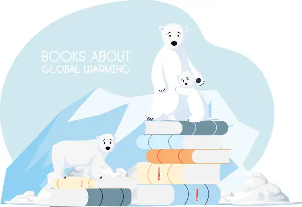 Vector illustration of Polar bears stand on stack of books about global warming. Animals suffer from melting glaciers