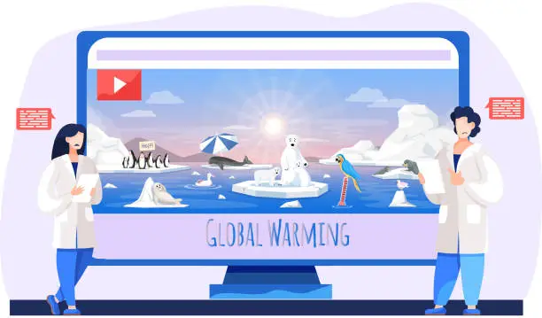 Vector illustration of Scientists are researching global warming. Video with animals suffering from climate change