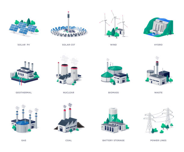 izolowane typy wytwarzania elektrowni z liniami akumulatorowymi - fossil fuel obrazy stock illustrations