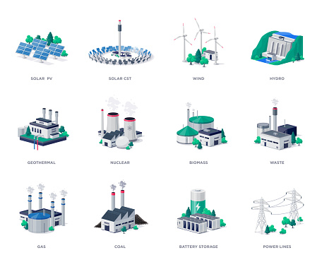 Isolated electric energy power station generation types. Mix of solar, water, fossil, wind, nuclear, coal, gas, biomass, geothermal, battery storage and grid lines. Renewable pollution plant resources
