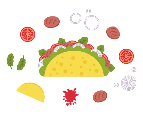 Vector illustration of Carne asada mexican fastfood taco recipe ingredients. Perfect for tee, stickers, menu and stationery. Isolated vector illustration for decor and design.