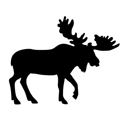 A simple silhouette cut out of a moose in black and white.