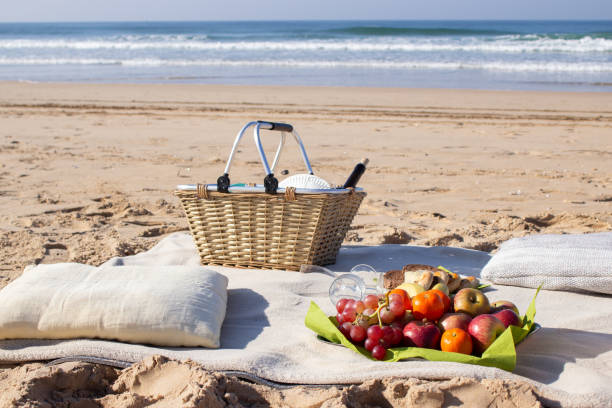 istock Empty picnic place at sandy beach on sunny day 1447412237
