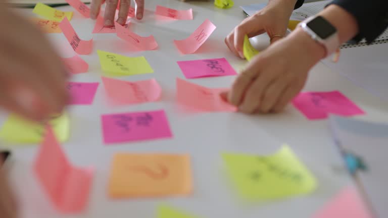 Hands, sticky notes or team brainstorming for marketing strategy or social media. Teamwork, post it or coworkers writing, online campaign or planning for data analysis, creative idea or team building