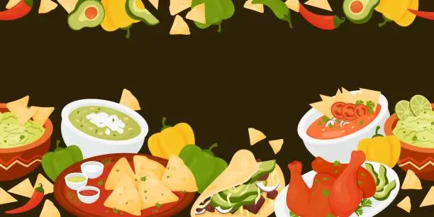 Vector illustration of Mexican food. Seamless horizontal border with Latin American traditional dishs Quesadilla, Taco, guacamole with nachos, green and Tomato Soup, Achiote Chicken on black background. Vector illustration.