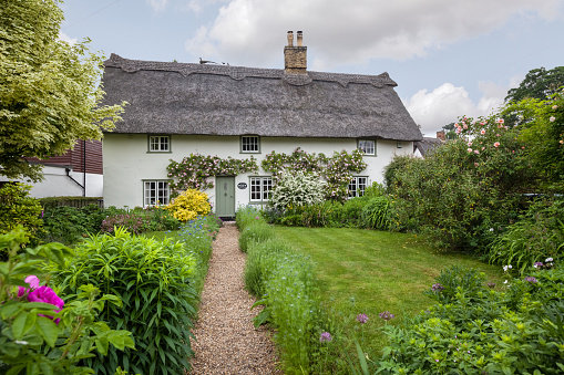 Rose Cottage, Fulbourn, Cambridgeshire England - May 30 2018: Beautiful chocolate box thatch village home with numerous open flowers and climbing roses typical of an idyllic pretty cottage garden viewed from public highway.