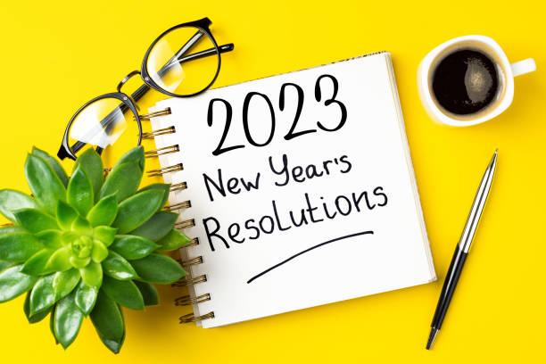 istock New year resolutions 2023 on desk. 2023 resolutions list with notebook, coffee cup on table. Goals, resolutions, plan, action, checklist concept. New Year 2023 template 1447413198