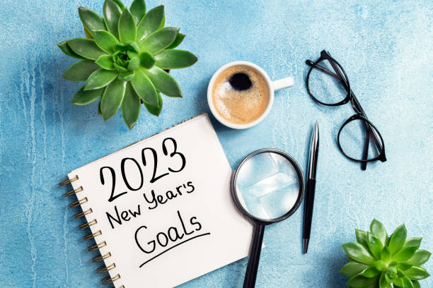 istock New year resolutions 2023 on desk. 2023 resolutions list with notebook, coffee cup on table. Goals, resolutions, plan, action, checklist concept. New Year 2023 template 1447413215