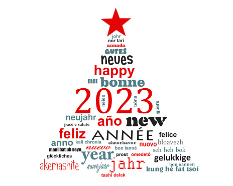 2023 new year multilingual text word cloud greeting card in the shape of a christmas tree