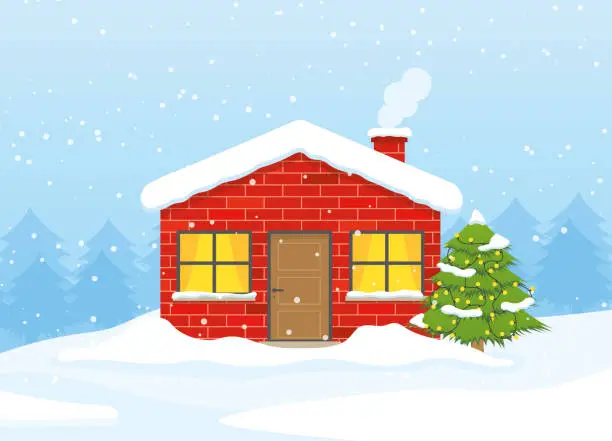 Vector illustration of winter, christmas scenery with brick house and christmas tree covered with snow