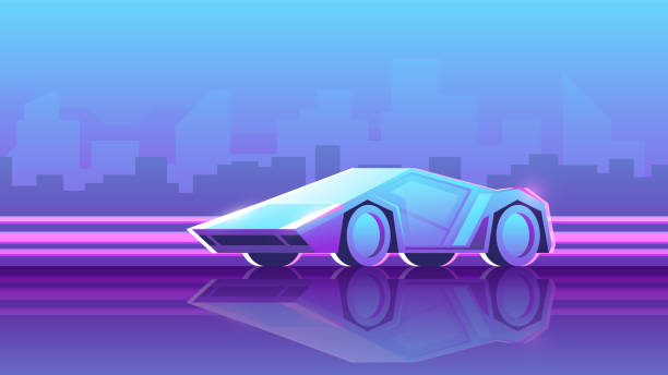istock Modern racing supercar stands on bright neon night city background. 1447415265