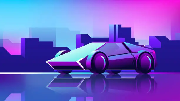 Vector illustration of Neon bright supercar on an evening metropolis background.