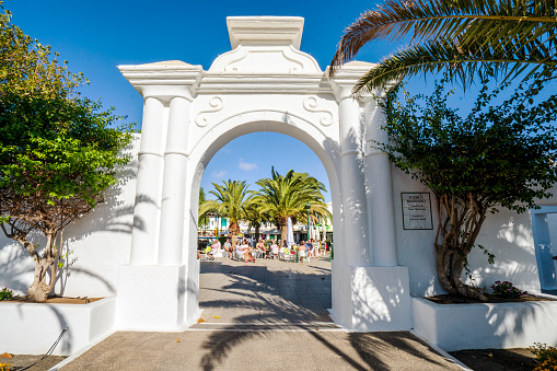 Entrance to picturesque settlement called Pueblo Marinero designed by Cesar Manrique located in Costa Teguise, Lanzarote, Canary Island, Spain