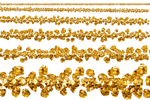 golden nuggets lines different  sizes white background clipping path
