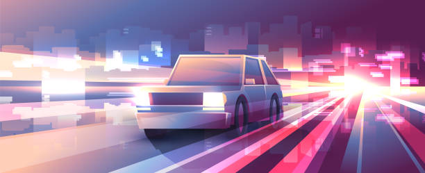 istock Car rides at high speed on night blurred city background. 1447416121