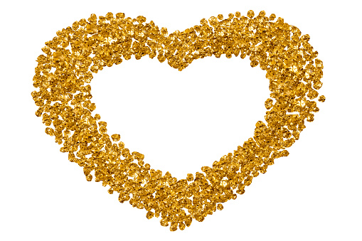 golden heart frame, white background, copy space, space for your own text, clipping path