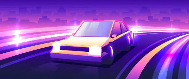 Vector illustration of Colorful realistic car drives along night road.