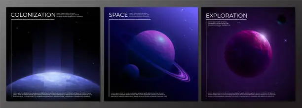 Vector illustration of Set of dark realistic space banners with images of unknown planets.