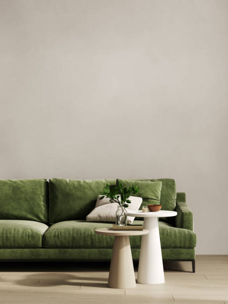 Contemporary minimalist interior with green sofa, coffee table and decor. 3d render illustration mockup
