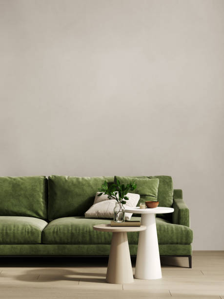 contemporary minimalist interior with green sofa, coffee table and decor. 3d render illustration mockup - vehicle interior green sofa indoors imagens e fotografias de stock