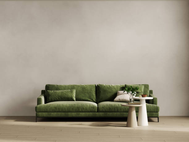 istock Bright large living room with green couch. Modern interior design. Space beige background for mockup. 3d rendering 1447418100