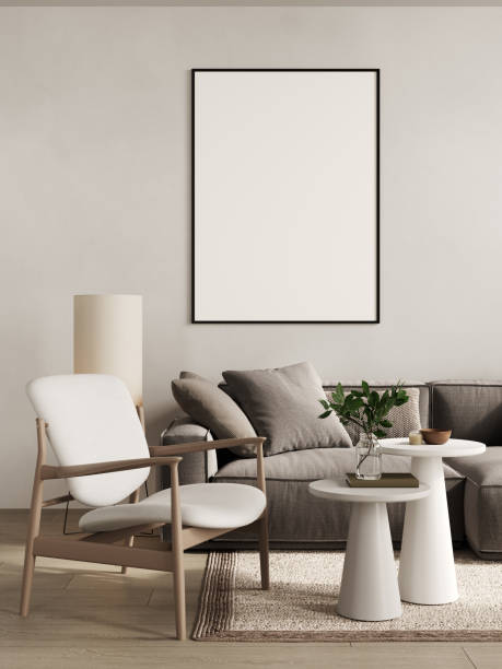 istock Big frame mockup in stylish beige interior space, 3d rendering 1447418108
