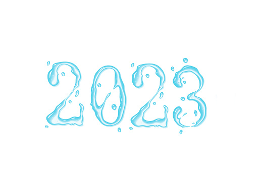 Water shaped 2023 number on a white background with copy space