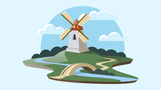 島の曲がりくねった川の近くにある古い風車。 - netherlands windmill farm farmhouse点のイラスト素材／クリップアート素材／マンガ素材／アイコン素材