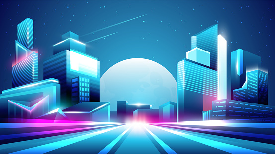 Vector neon colorful gradient illustration of night city with moon on background.