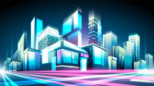 Vector illustration of Shining night street with shops and office buildings.