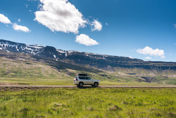большой автомобиль, припаркованный на грунтовой дороге среди гор и лугов в солнечный день летом - landscape iceland mountain green стоковые фото и изображения