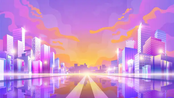 Vector illustration of View of the evening pink street road.