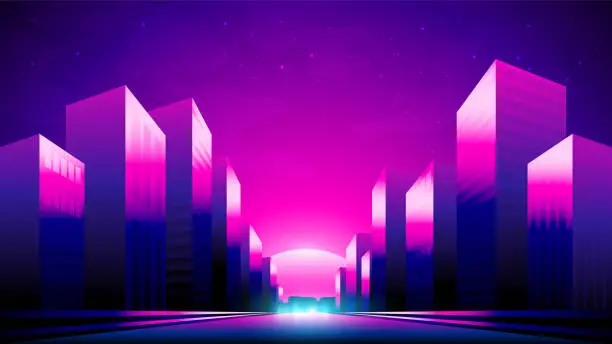 Vector illustration of Vector gradient illustration of a night neon street on a sunset background.