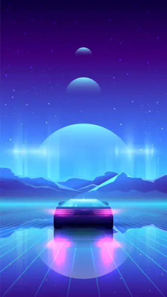Vector illustration of Vertical synthwave illustration of futuristic back view car with neon laser grid.
