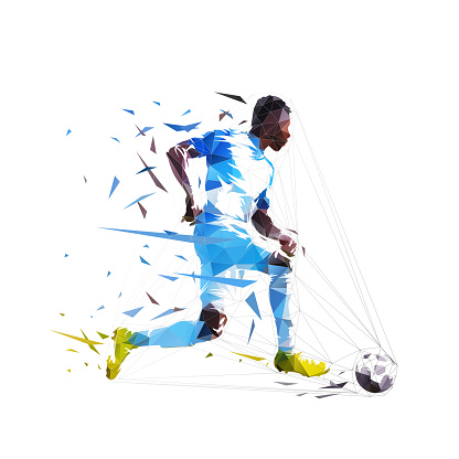 Football player shoots the ball and scores a goal, isolated low polygonal vector illustration from triangles, side view. Soccer, team sport athlete. Footballer logo
