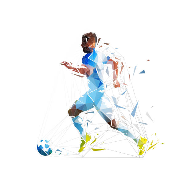 istock Soccer player running with ball, low poly vector illustration. Geometric football player 1447421957