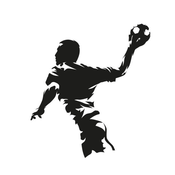 handballspieler wirft ball, abstrakte isolierte vektorsilhouette. handball-logo - handspiel stock-grafiken, -clipart, -cartoons und -symbole