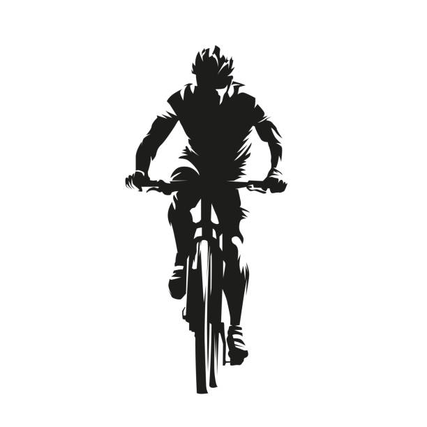 illustrations, cliparts, dessins animés et icônes de vtt, logo vélo. silhouette vectorielle abstraite isolée, dessin à l’encre. biker, vue de face - cycling mountain biking mountain bike bicycle