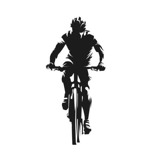 산악 자전거, 사이클링 로고. 추상 고립 된 벡터 실루엣, 잉크 그리기. 바이커, 전면 모습 - mountain biking mountain bike bicycle cycling stock illustrations