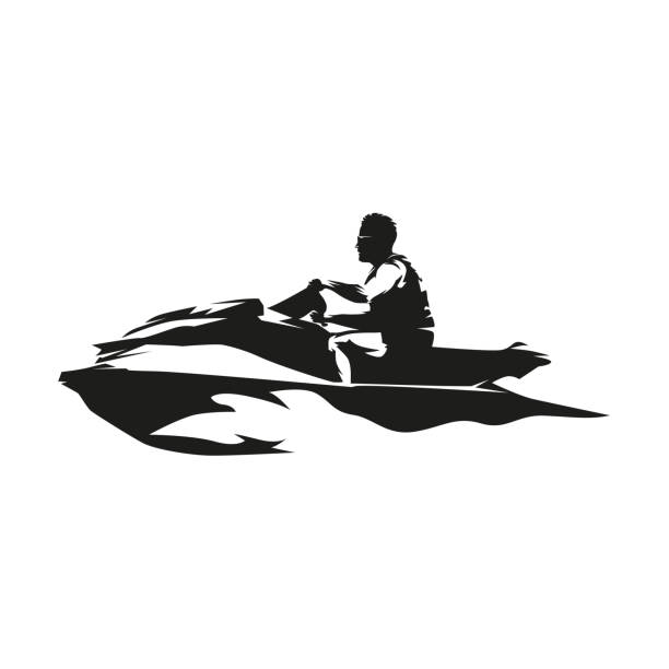 wassermotorrad, pwc, wasserscooter oder jetski. fahrer sitzt auf freizeitwasserfahrzeugen - motorbootfahren stock-grafiken, -clipart, -cartoons und -symbole