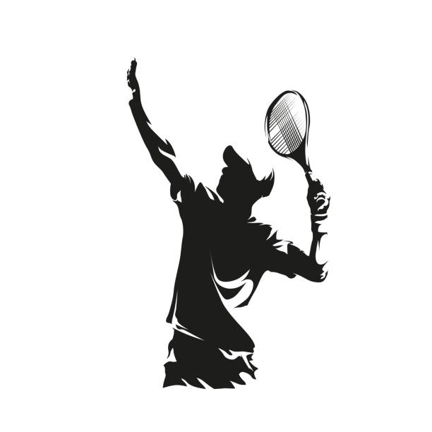 illustrations, cliparts, dessins animés et icônes de logo du joueur de tennis, silhouette vectorielle abstraite isolée - tennis silhouette playing forehand