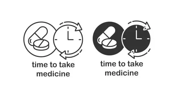 Vector illustration of Time to take medicine icon. 
Time to take pills illustration symbol. Sign pills and clock vector