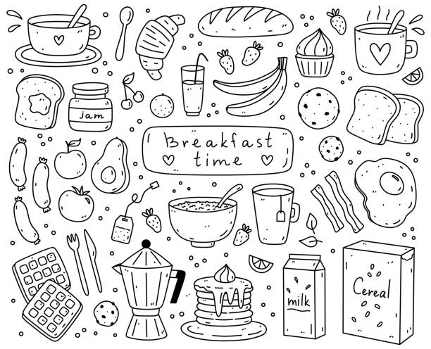 귀여운 아침 식사 음식 세트 - 튀긴 계란, 베이컨, 토스트, 소시지, 커피, 차, 오트밀, 팬케이크, 시리얼 플레이크 및 기타. 벡터 손으로 그린 낙서 그림입니다. 카드, 장식, 로고에 적합합니다. - waffle sausage breakfast food stock illustrations