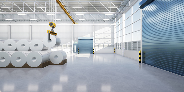 3d rendering of roll steel, stainless steel or galvanized steel coil inside factory, store or warehouse building. Include lifting equipment or overhead crane, c-hook and hoist. To move or handling industrial product in manufacturing or production process.