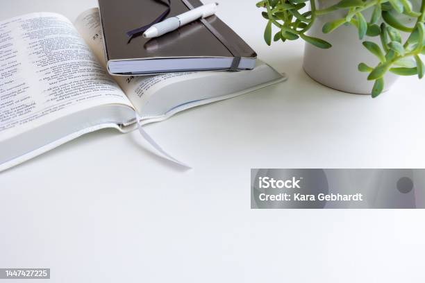 Open Bible Journal And Pen With Plant On Desk Stock Photo - Download Image Now - Bible, Studying, Table