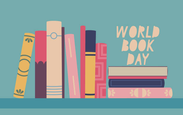 world book day. book spines. bookshelf with various books. vector isolated illustration for design. - 書��櫃 幅插畫檔、美工圖案、卡通及圖標