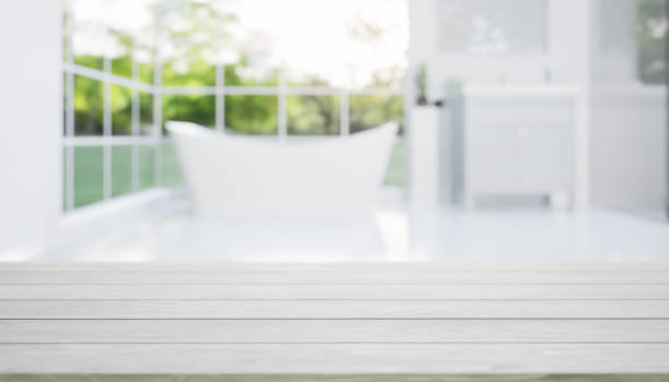 istock 3d rendering of counter with blur bathroom. 1447427366