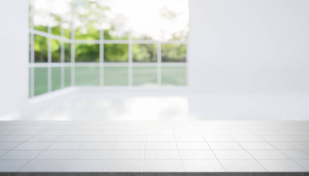 3d рендеринг счетчика или стола в комнате для фона отображения продукта. - tiled floor ceramic floor model home стоковые фото и изображения